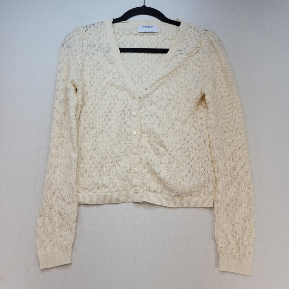 Old Navy Crochet Cardigan Women M Ivory SoSoft Lite V-Neck Granny Chic Knit